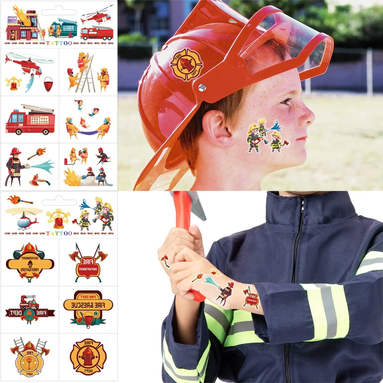 6 Sheets/set Fire Birthday Decorations Temporary Tattoo Stickers Fireman Sammy Firetruck Decor Fire Theme Party Supplies