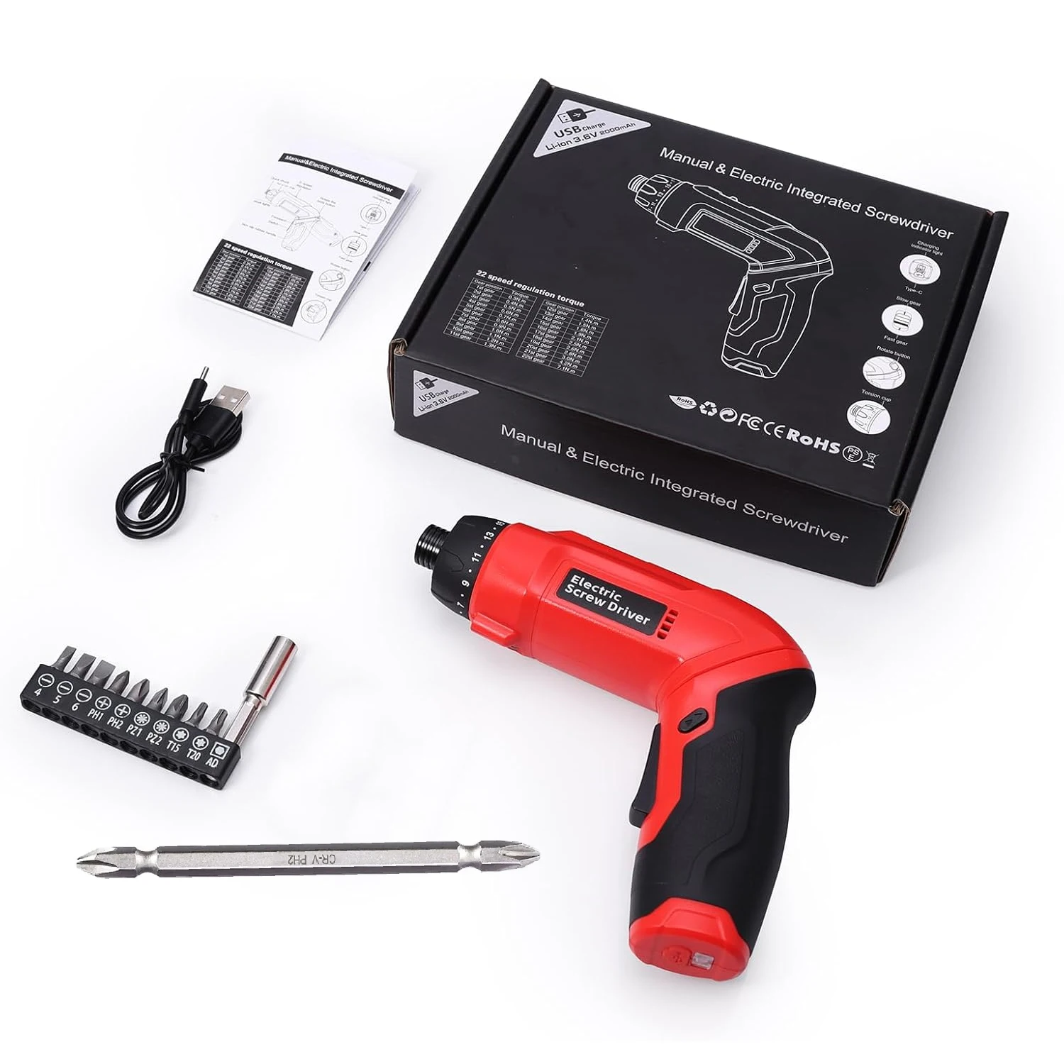 Tournevis électrique 2000mAh rechargeable 7,3N. M ménage pliant multi fonctionnel main auto intégré 21 vitesses réglable