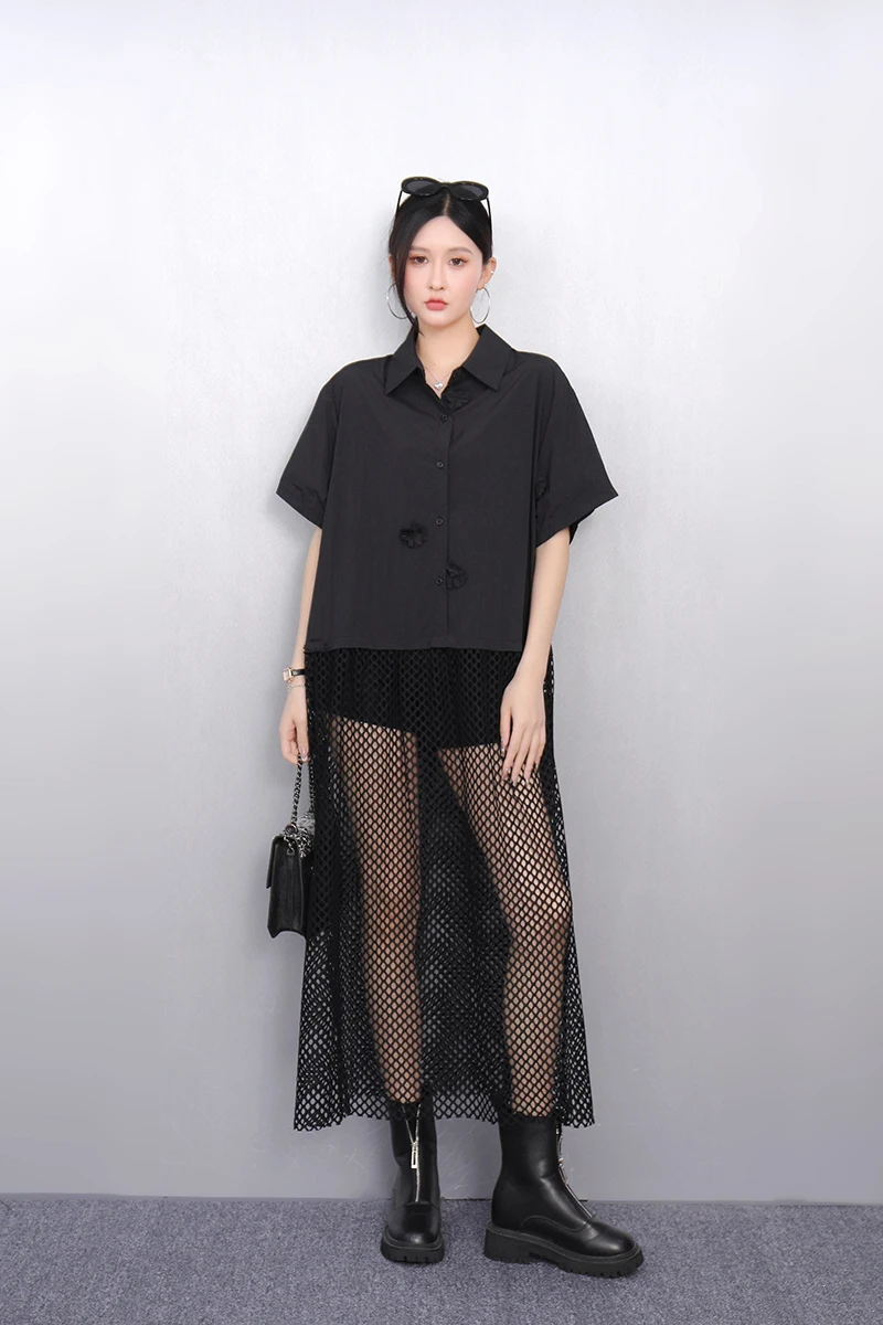 

2025 Spring Summer Fashion Elegant Loose Shirts Long Dresses Women Patchwork Hollow Out Dress Ladies J1097