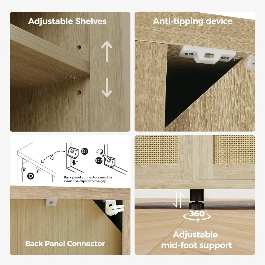 Rattan Buffet Cabinet with Storage Sideboard Featuring Doors for TV Stand Farmhouse Style Coffee Bar Modern Wood Storage Cabine