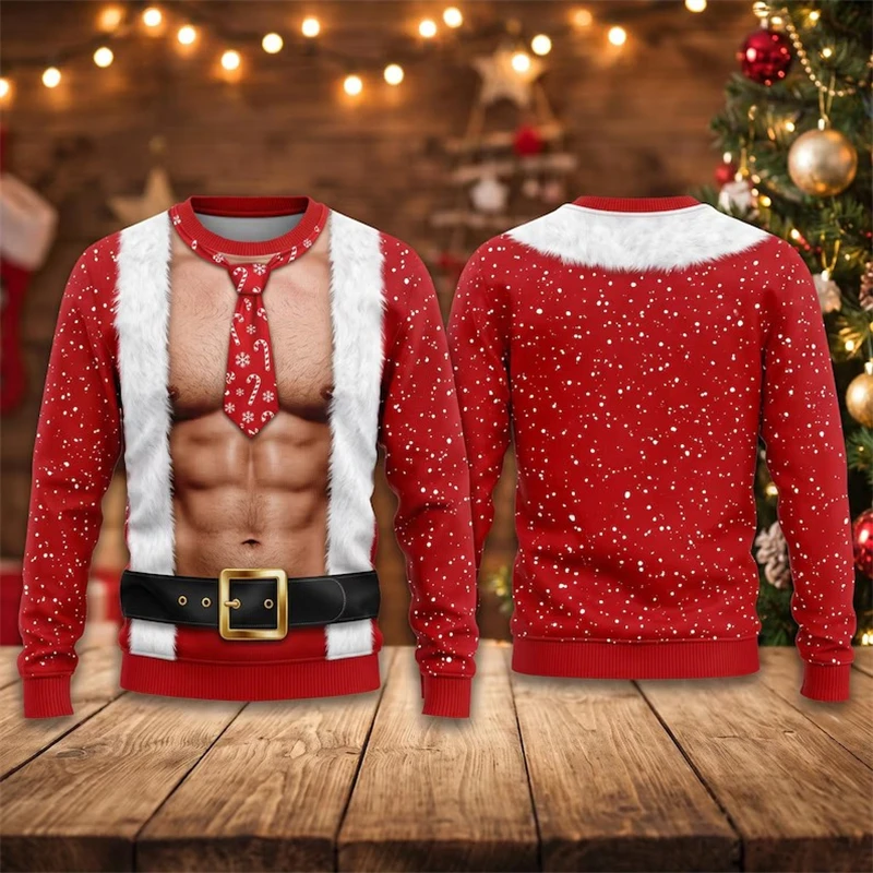 Lustiger Muskel-Weihnachtsmann-Sweatshirt für Herren, 3D-Druck, Herbst-Winter-Ugly-Sweater, Festtagskostüm, Pullover-Oberteile für Herren – Detail 6