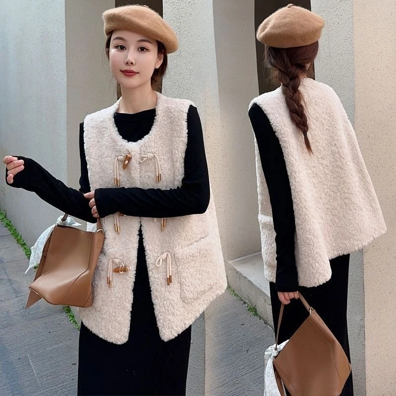 سترة صوف امبسوول عصرية لخريف وشتاء 2025 مع معطف أنيق بدون أكمام من فرو الغنم ​