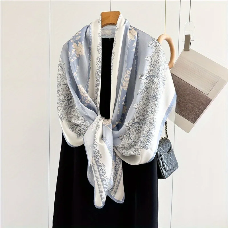 100% Mulberry Silk Long Scarf for Women Oblong Shawls for Headscarf Neck- Oblong Hair Wraps Gift Packed Light Blue Floral Print