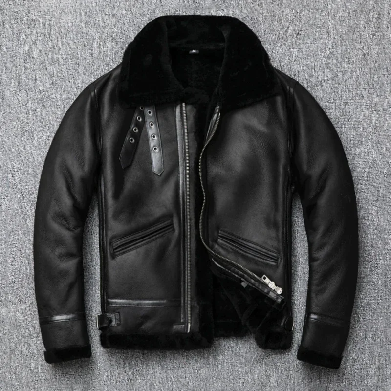 Men's Black Brown Leather Jacket B3 Bomber Thick Winter Heavy Fur Shearling Warm Jackets For Men Retro Sheepskin Wool Coats 4xl