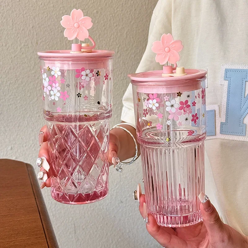 Reusable Drink Cup Party Cups with Straw Lid Cute Cherry Blossom Glass Tumblers for Cold Drinks Home Office Outdoor Summer Gift view 4
