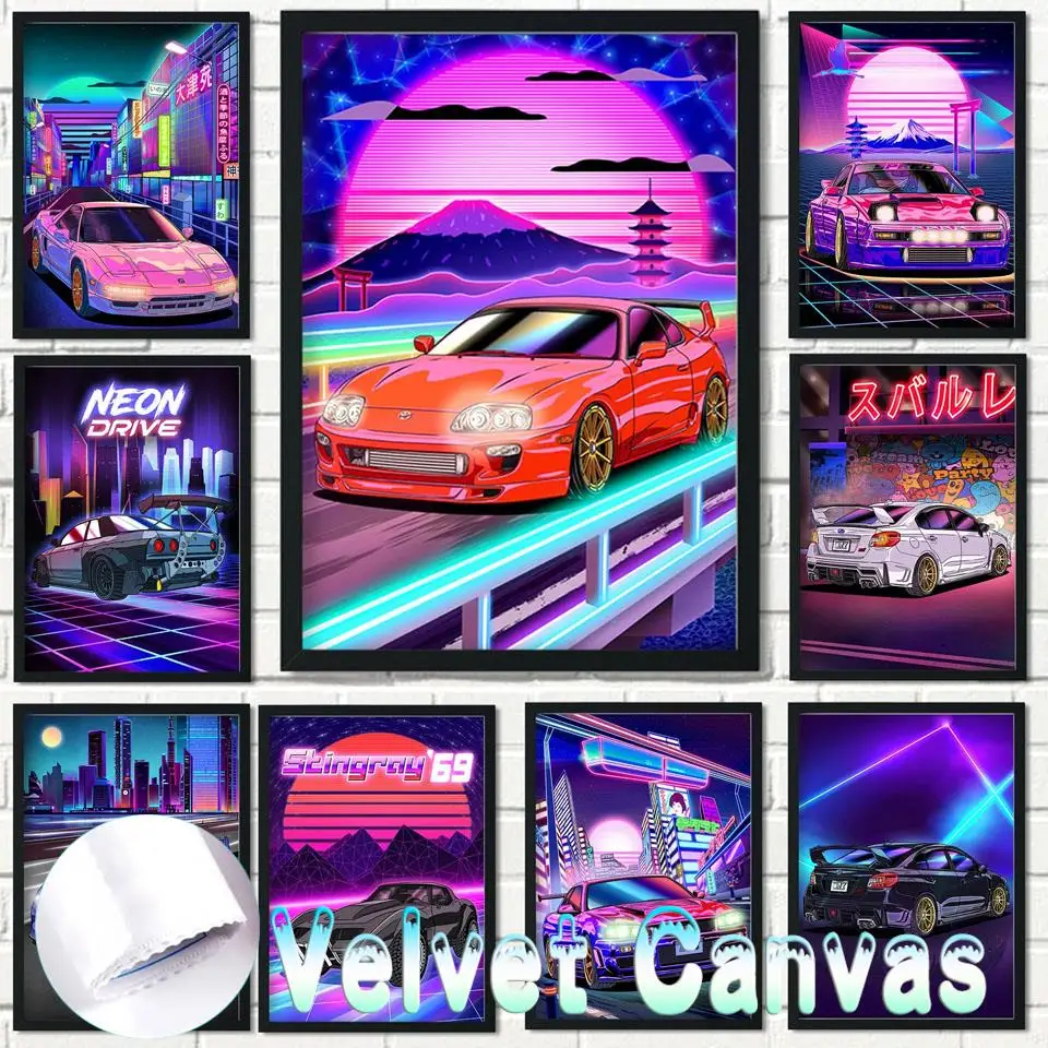 Velvet Diamond Painting Tokyo Street Racing Car Nissan GTR Synthwave Neon Landscape Diamond Mosaic Decoration Wall Art Room