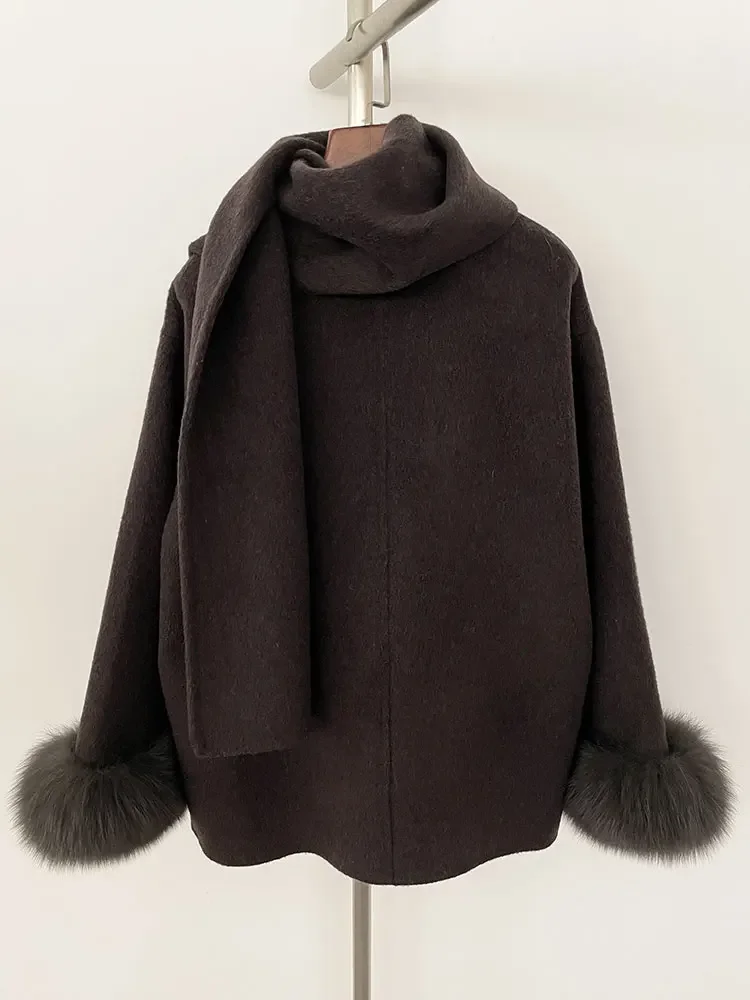 Fashion 2024 New Winter Women Coat Real Natural Fox Fur Cuff Double-faced Woolen Blends Jacket Thick Warm Casual New Overwears