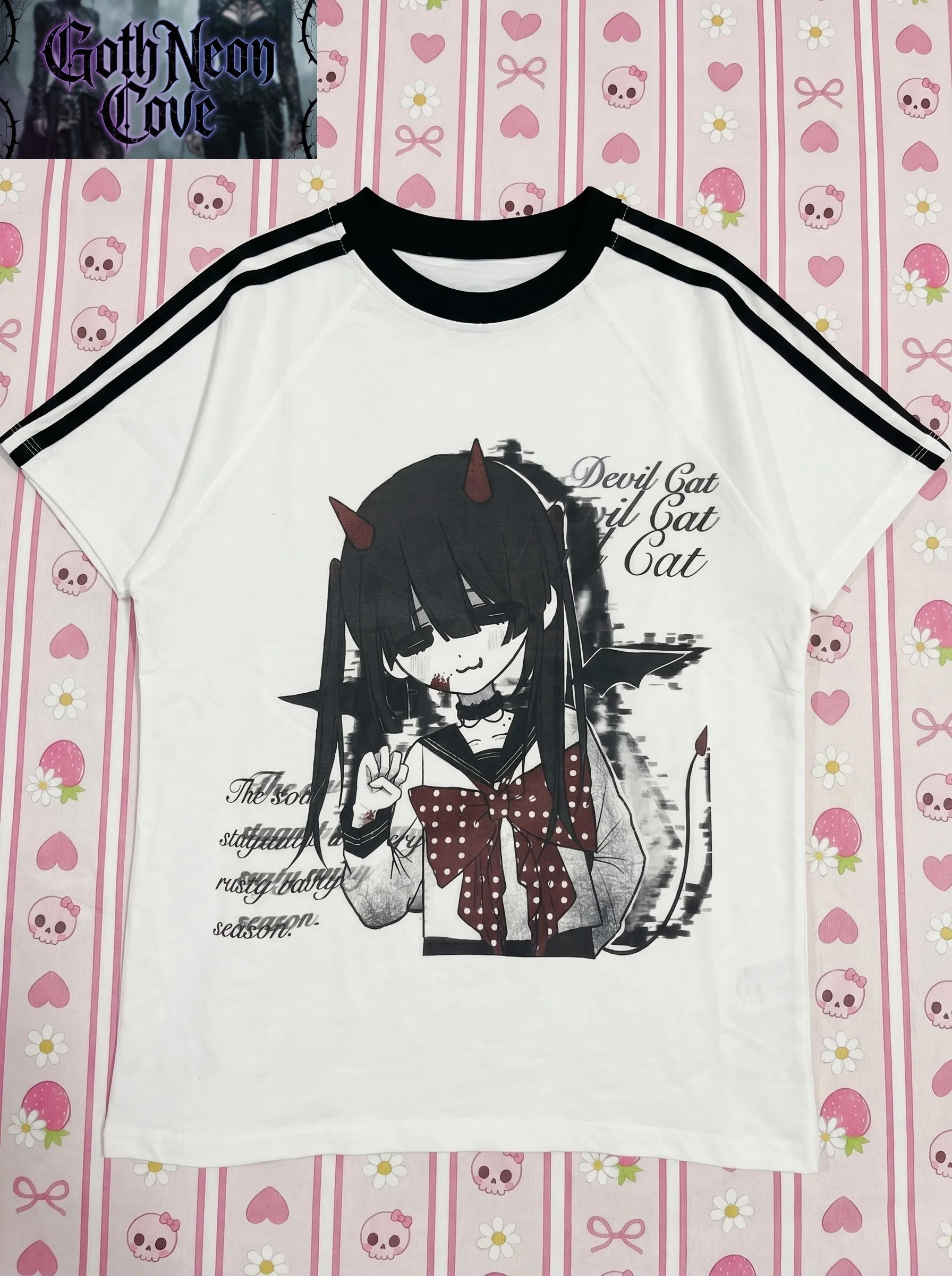 Summer Japanese Yami Kawaii Y2K T Shirt Women's O-Neck Short Sleeve Cartoon Printed Loose Shirt Casual Subculture Jirai Kei Top