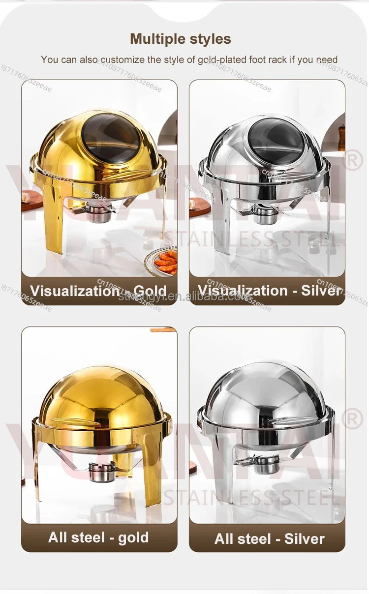 Luxury Large Stainless Steel Chafing Dish Gold 6.5L Big Roll Top Round Catering Chafing Dish Food Warmer