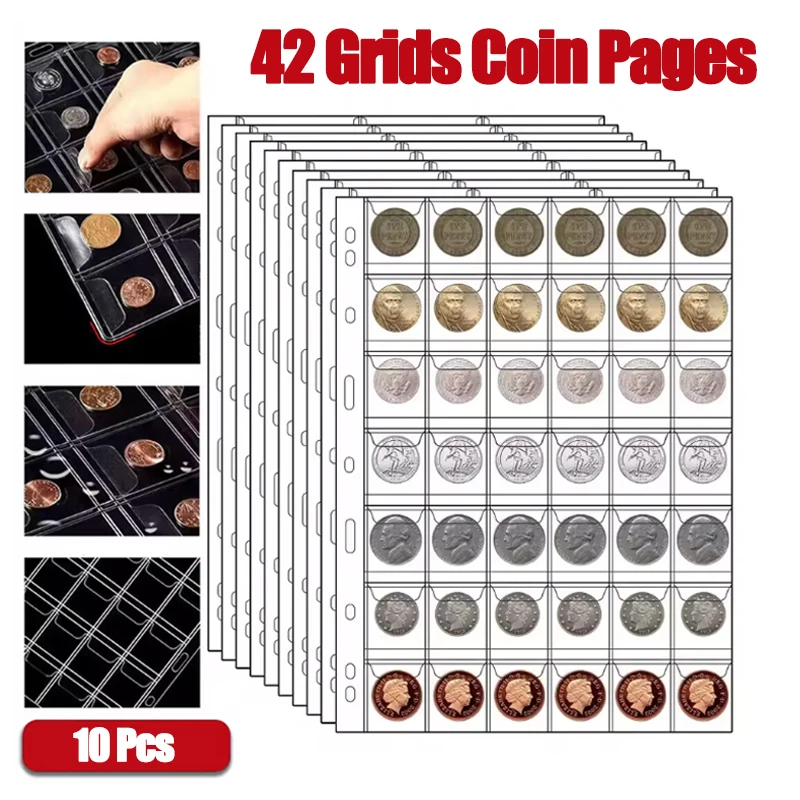 10Pcs Album For Coins Albums 20/30/42 Pocket Coins Collection PVC Transparent Inside Pages Coins Loose Leaf Organizer Bag