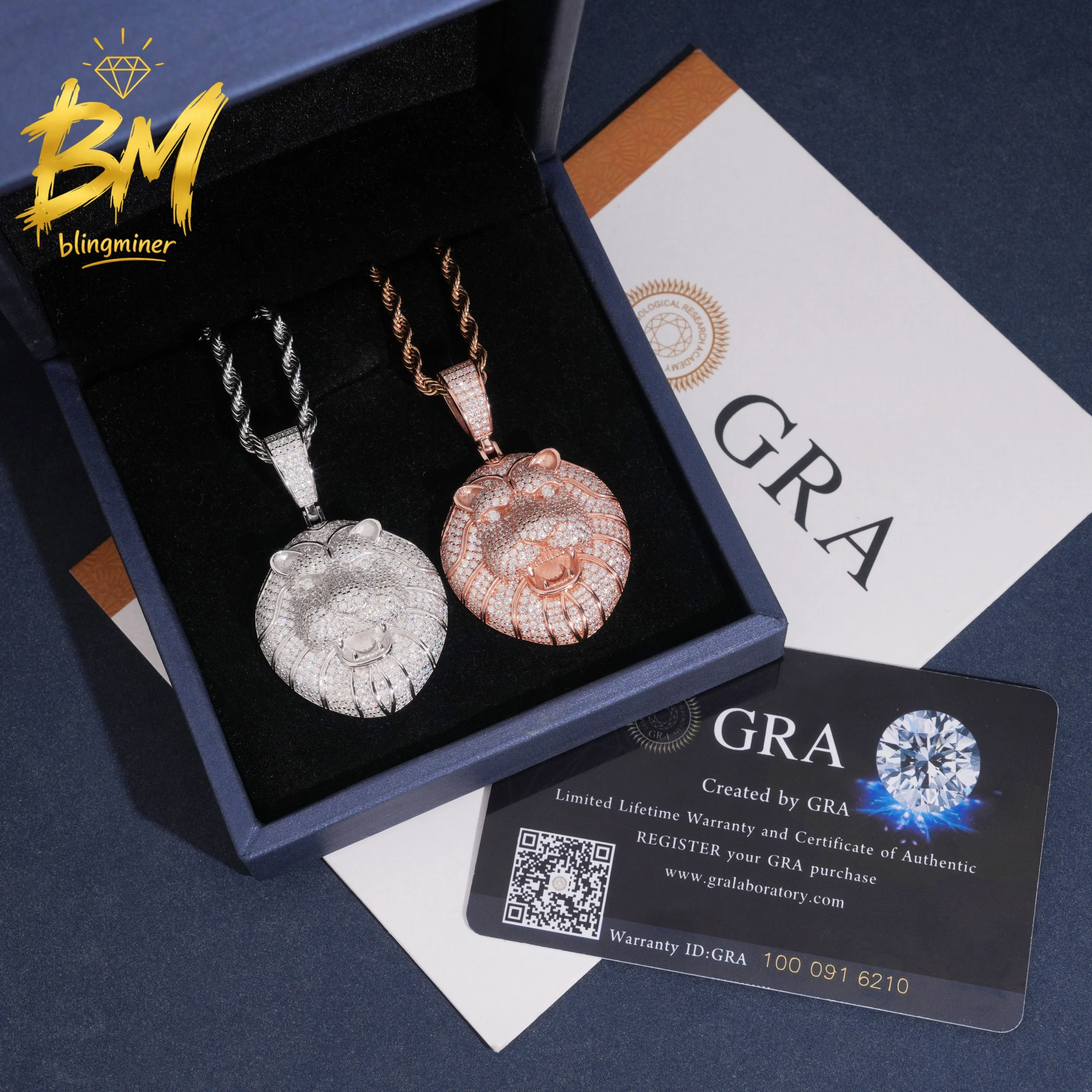 Blingminer Hip Hop 3D Lion Head VVS Moissanite Pendant For Men Women S925 Silver Pendants Jewelry Pass Diamonds Tester GRA