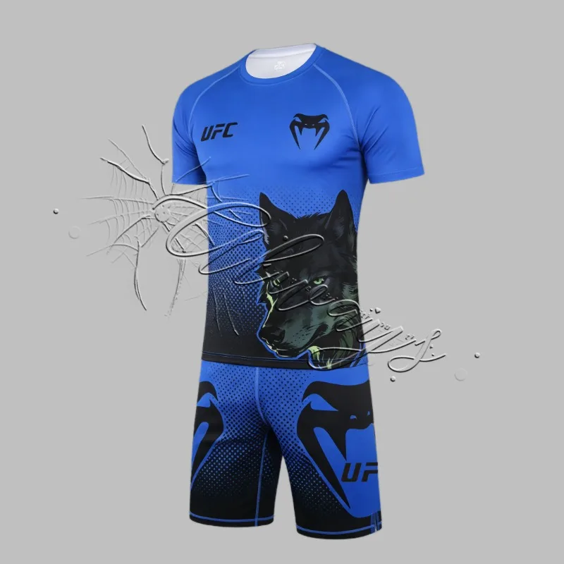 

UFC Top Boxing Enthusiasts SweatingQuick Drying Set Men's Special DesignShort Sleeve Shorts Wrestling Fitness RetroWolf Head Set