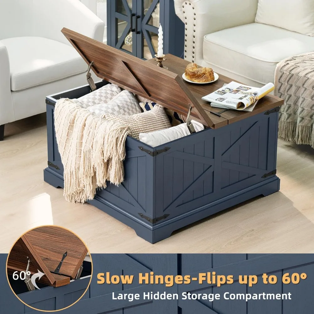 Rustic Modern Farmhouse Coffee Table Navy Blue Square Storage Compartment Living Room Furniture