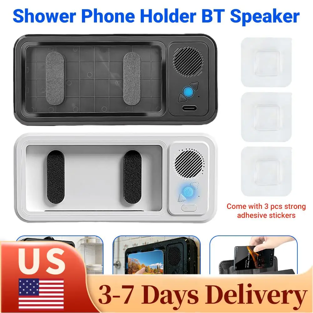 Suporte de Telefone Montado na Parede IPX5 à Prova d'Água com Som Claro e 480 °   Acessórios para Chuveiro com Caixa de Som Bluetooth Sem Fio para Banheiro