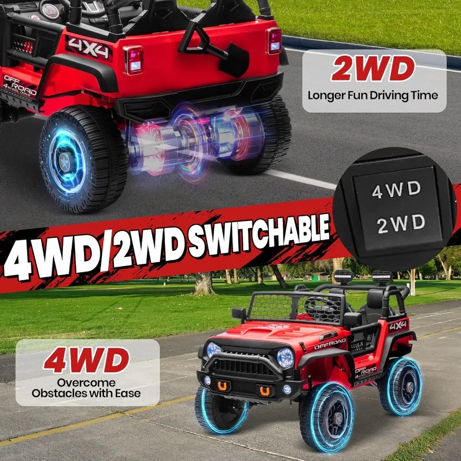 24 V XL 2-Sitzer-Spielzeugauto für große 4WD/2WD umschaltbare Elektro-LKWs mit 20 Zoll breiter Sitzfernbedienung und 4-Rad-Aufhängung