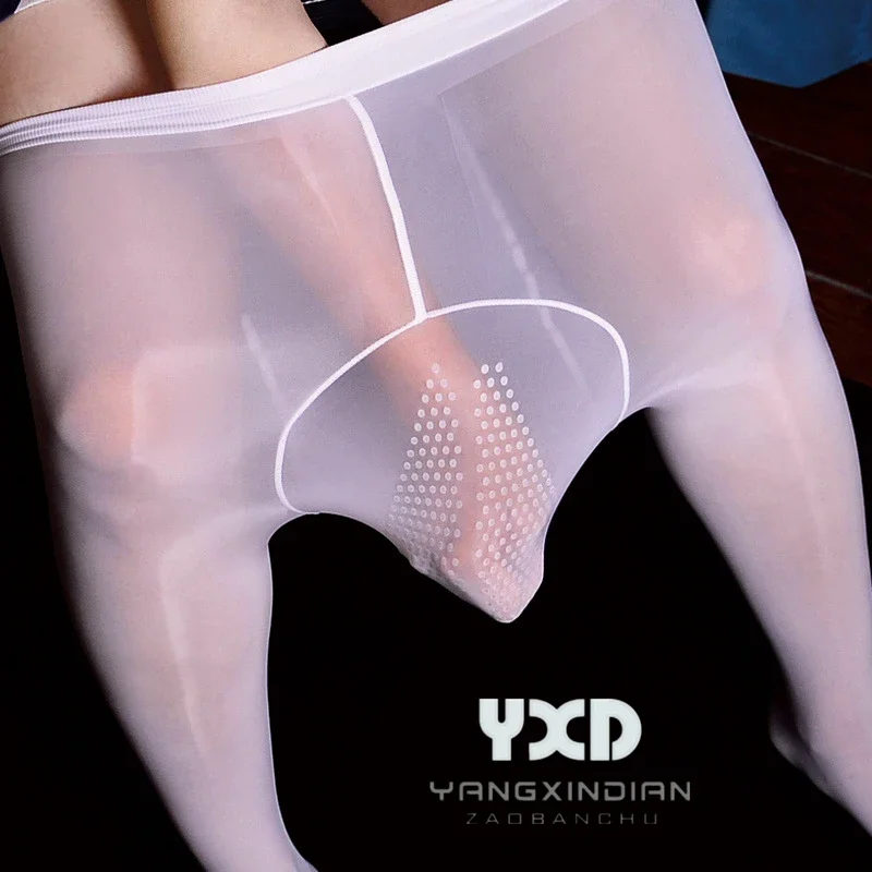 Sexy Men 8D Shiny See Through U Convex Pouch Stockings Open Close Sleeve Tight Sheer Glossy Sheathed Pantyhose Tights Plus Size