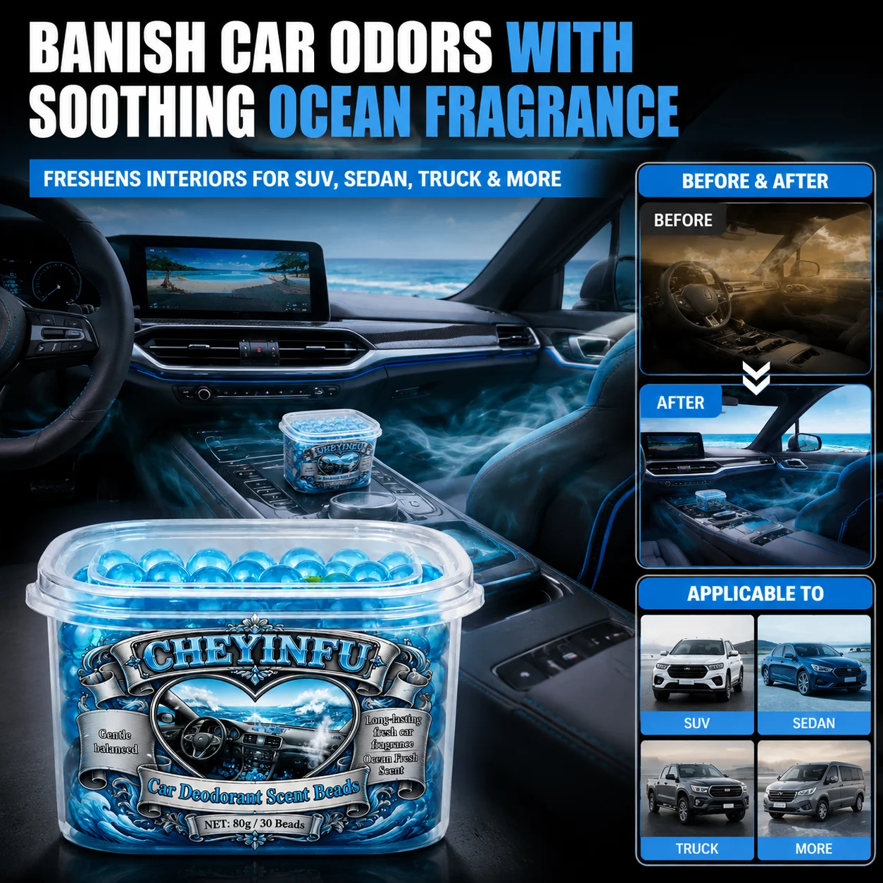 CHEYINFU Auto Deodorant Scent Beads Ocean Fresh Fragrance Cup Holder Air Freshener 80g