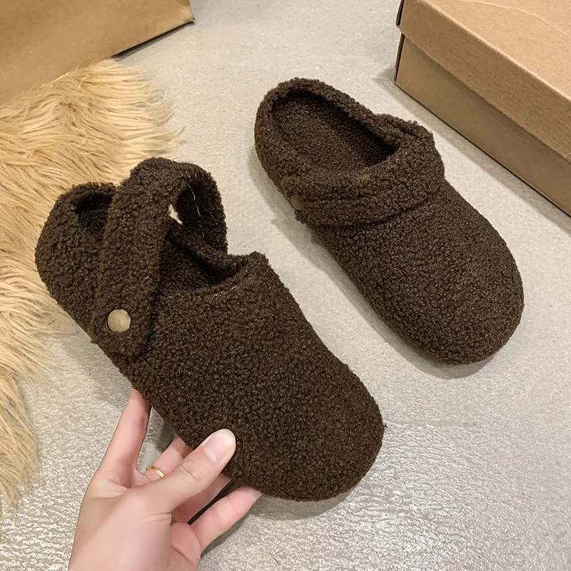 Multi Colored Womens Casual Slippers with Flat Bottomed Low Heel Cloes Toe Non Slip Soft Sole Winter Suede Warm Cotton Slippers