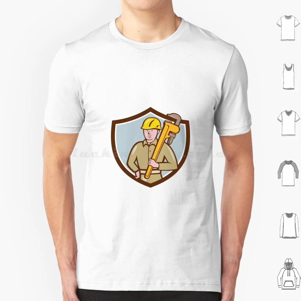 Plumber Holding Wrench Crest Cartoon T Shirt Big Size 100% Cotton Plumber Monkey Wrench Wrench Adjustable Wrench Holding Carry