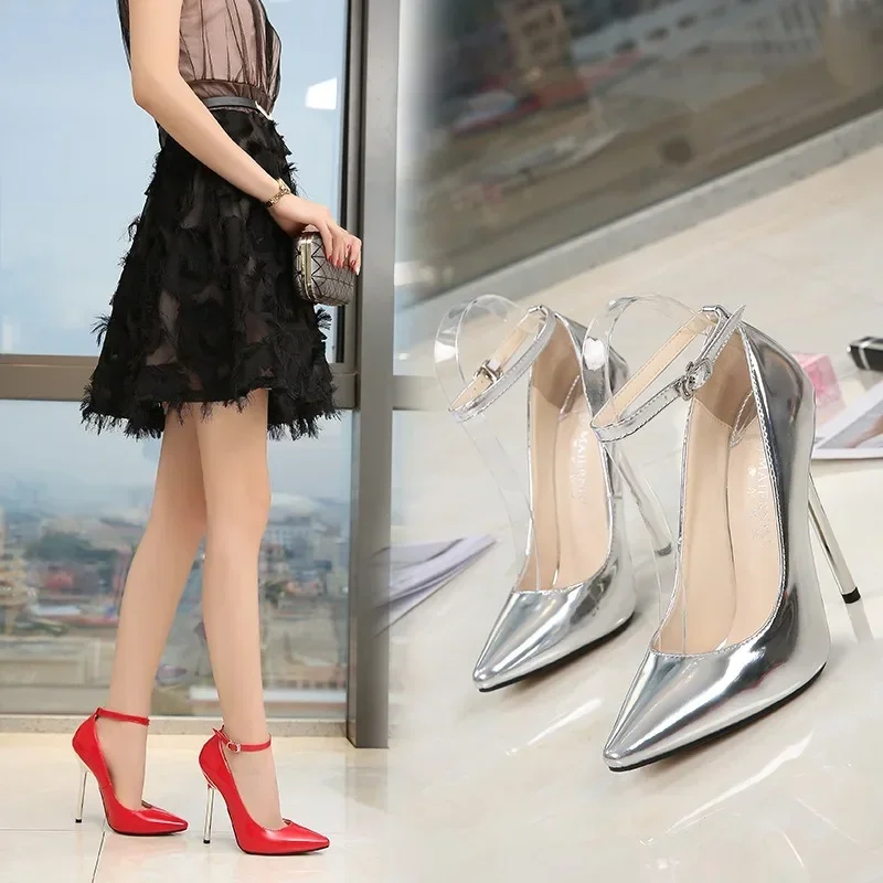 13cm Heels Buckle Women Pointed Toe Pumps Patent Leather Shoes Stiletto Heels Office Pump Super Big Size 33-50
