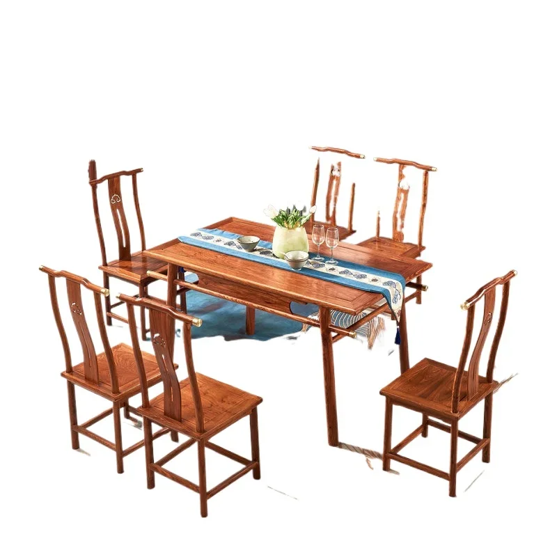 

Mahogany dining table and chairs new Chinese rectangular dining table hedgehog red sandalwood dining table combination restauran