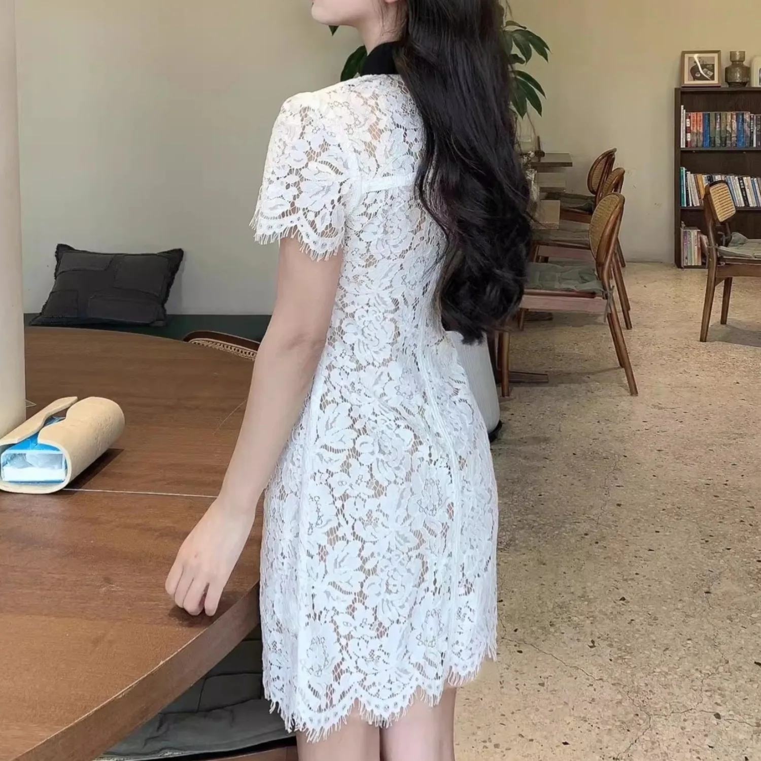 ชุดลูกไม้สีขาวผู้หญิง single-breasted Elegant MINI vestidos bodycon เอวสูง Chic PARTY ผ้าเลดี้ฤดูร้อน