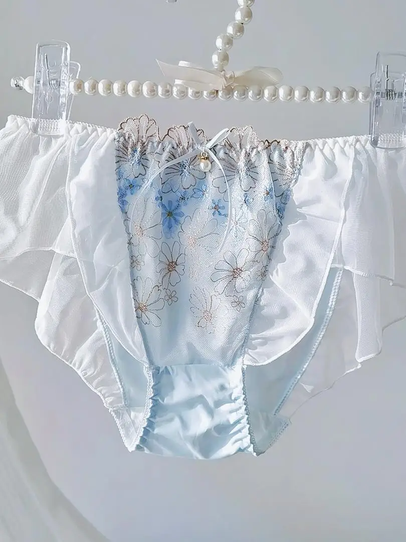 Lotus Leaf Edge Fairy Japanese Lolita Girl Mid Low Waist Underwear With Flower Embroidery Pure Desire Lace Edge Triangle Pants