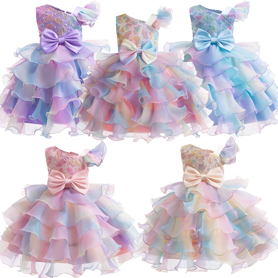 Girls Bow Dress Kids Rainbow Bowknot Wedding Flower Girl Costume Children Ball Gown Birthday Party Outfits Deluxe Tiered Skirt