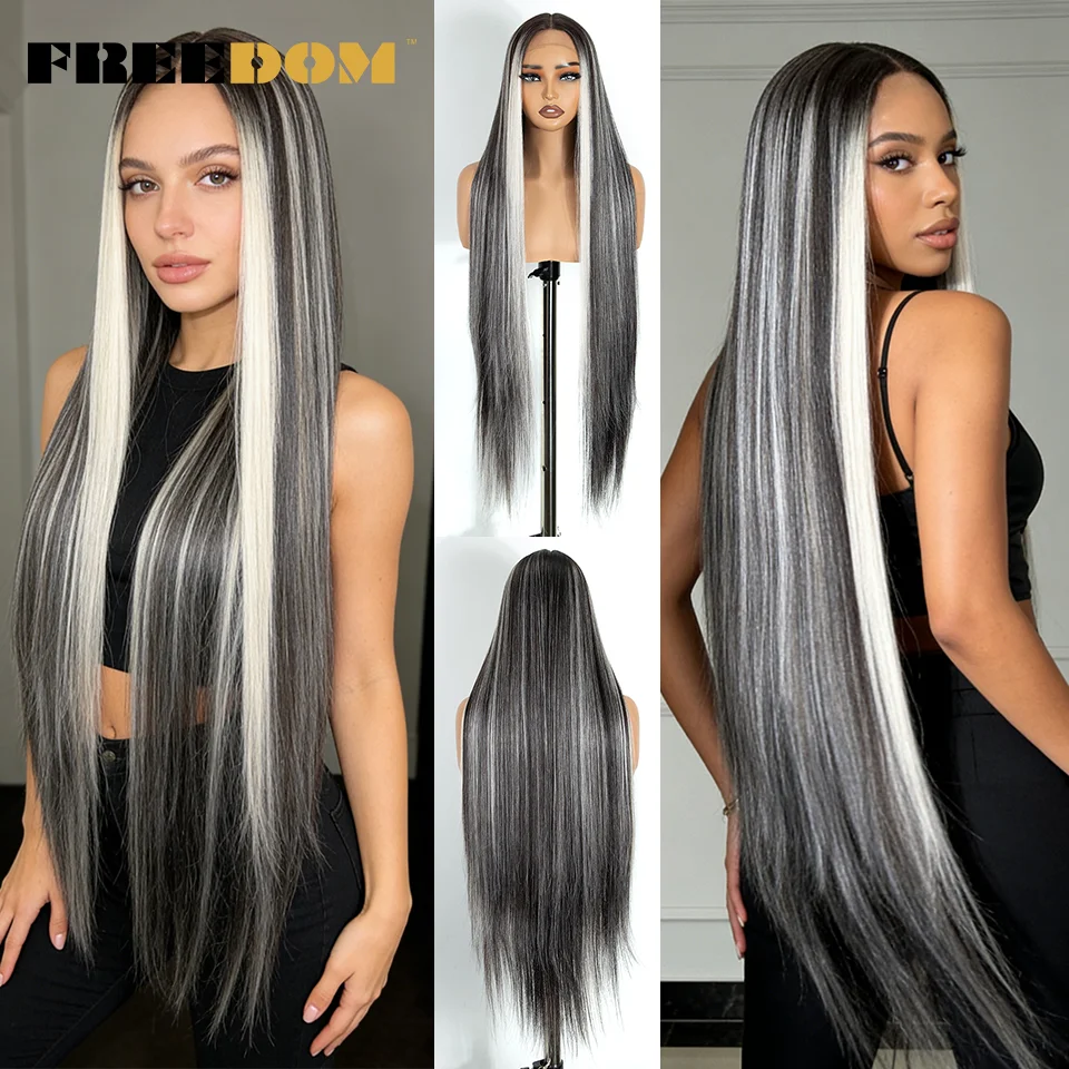 FREEDOM Synthetic Lace Front Wigs For Women 38 Inch Long Straight Lace Wig Ombre Brown Blonde Pink Red White Cosplay Wigs