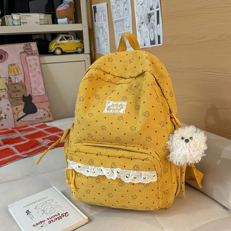 Polka Dot Print Cute Preppy Bag with Plush Pendant Kawaii Stuff Y2K Aesthetic Backpack for Travel Commute  Women Women