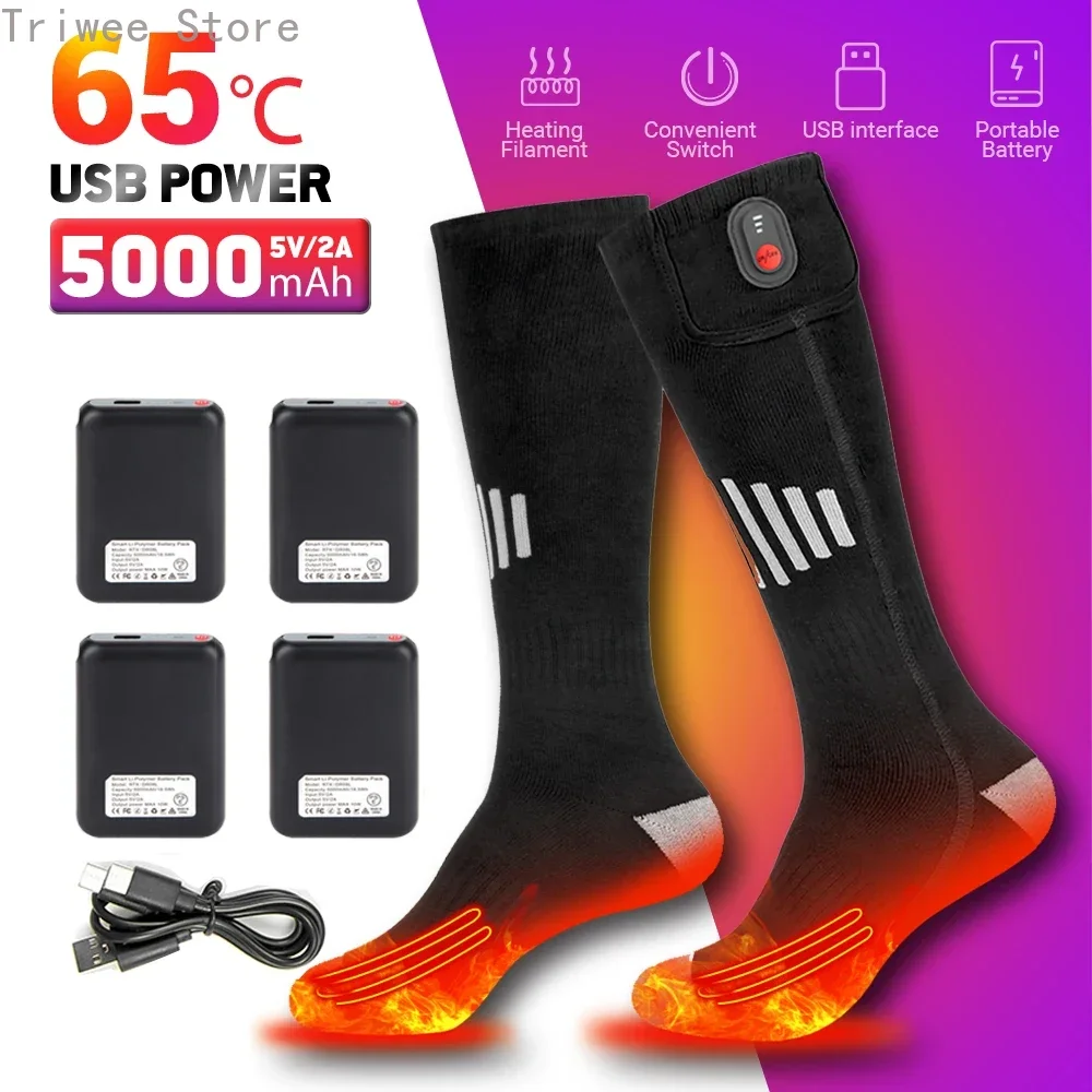 Inverno aquecido meias recarregáveis meias de aquecimento para usb 5000mah meias aquecidas calor ao ar livre botas aquecidas snowmobile inverno esqui