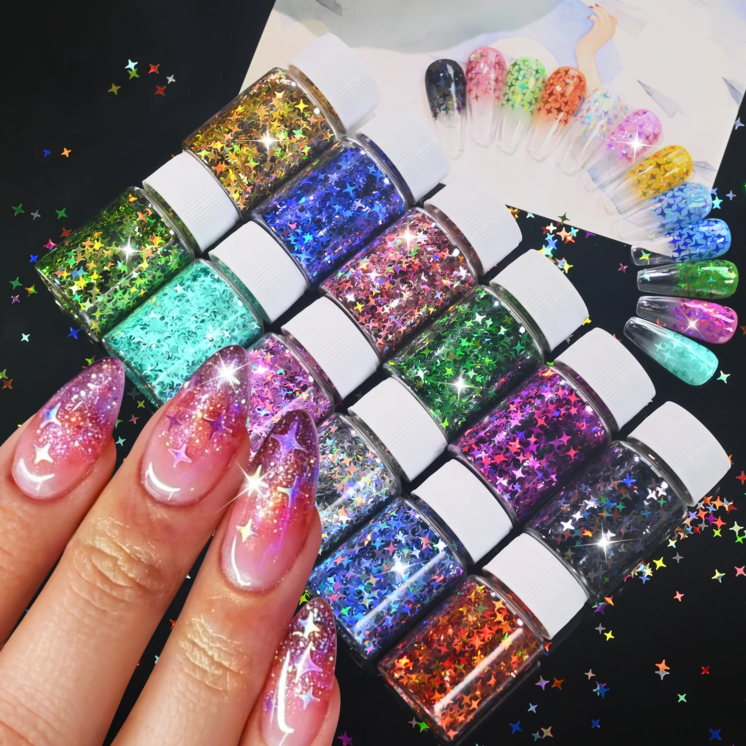 

12PCS Holographic Star Nail Glitter Set Mixed Size Five-Pointed Star Chunky Nail Sequins Iridescent Shiny Nail Art Flakes Crafts