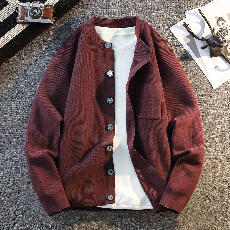 

Вязаная куртка-кардиган, мужская осенне-зимняя американская куртка в стиле ретро, свободный однотонный топ на пуговицах с длинными рукавами