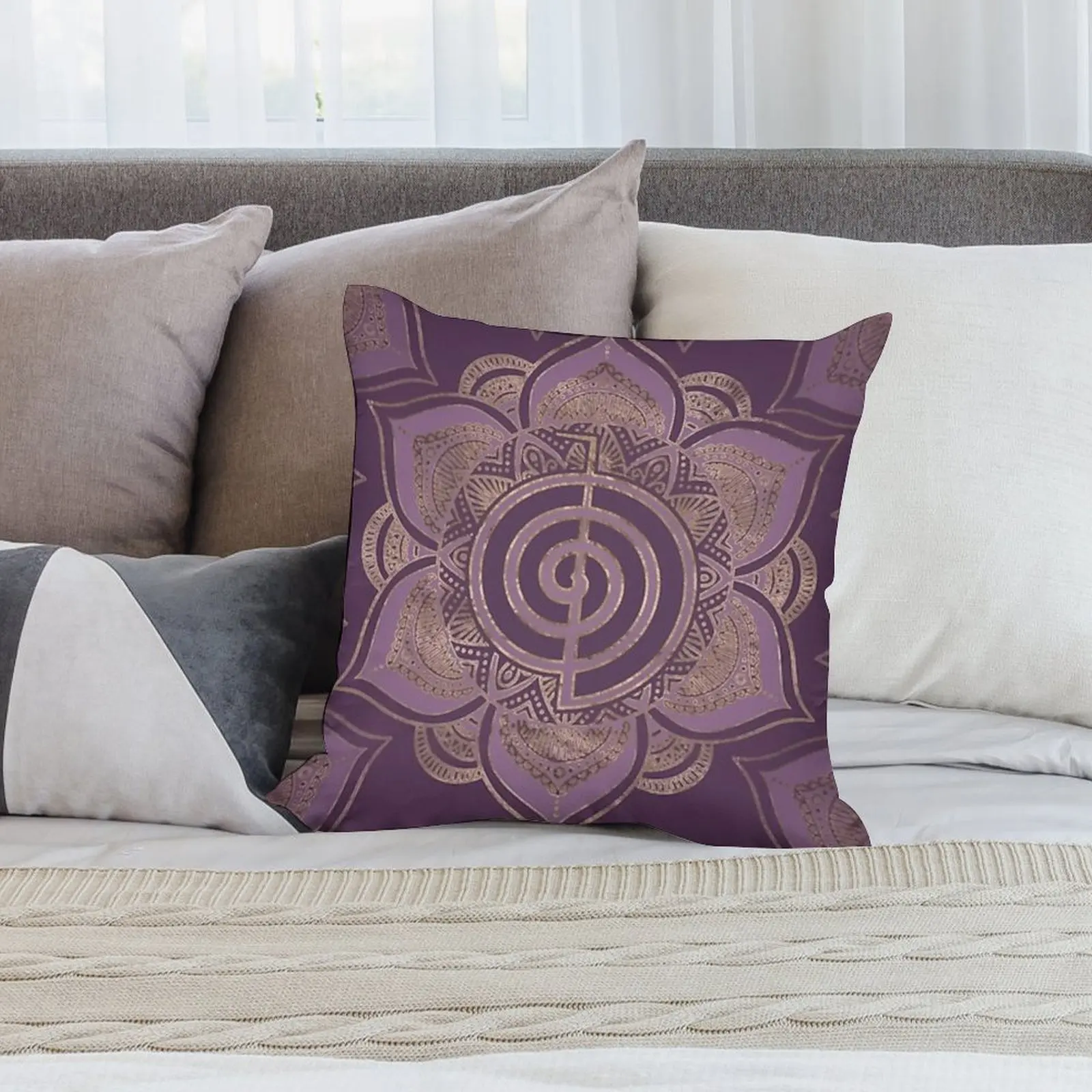 1pc Reiki Cho Ku Rei Mandala Pillow Cover, Polyester 2D Double-Sided Print, Purple Gold Energy Symbol Art, Spiritual Home & Car