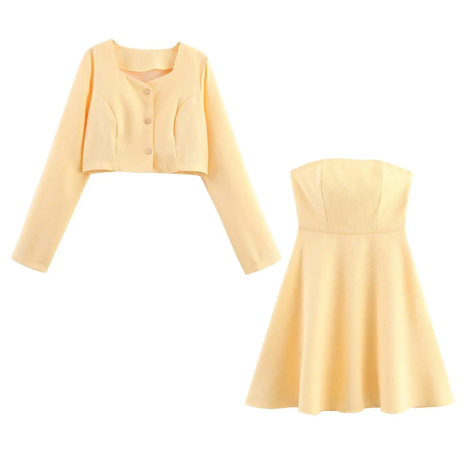 

High Waist Sleeveless Wrap the Chest Skirt Two Piece Set Fashion Jacket Dress Outfit Women Single Breasted Square Collar Jacket