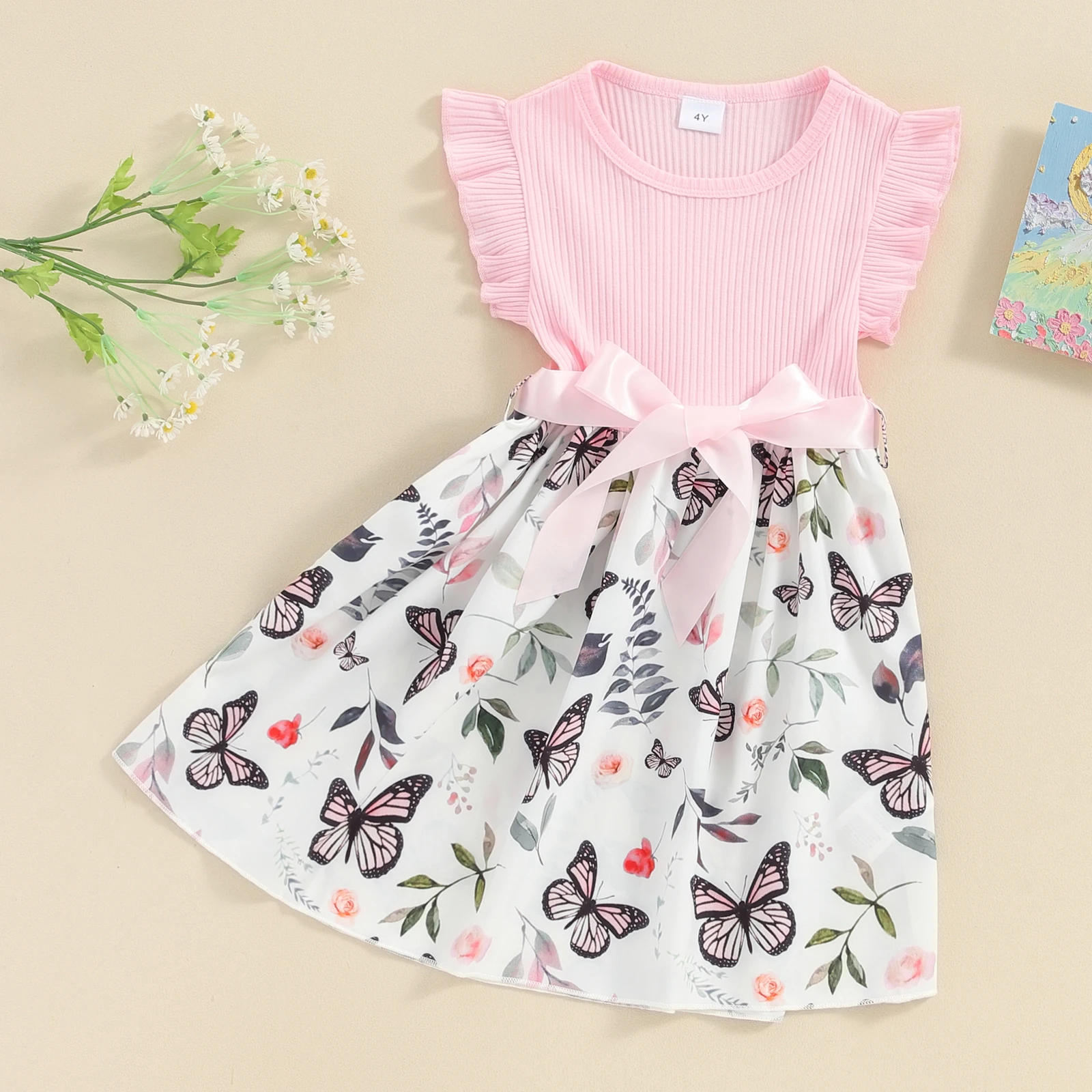 Pudcoco Little Girl 2 Piece Summer Outfits Round Neck Fly Sleeve Ribbed Butterfly Print Dress + Solid Color Belt Set 4-7T