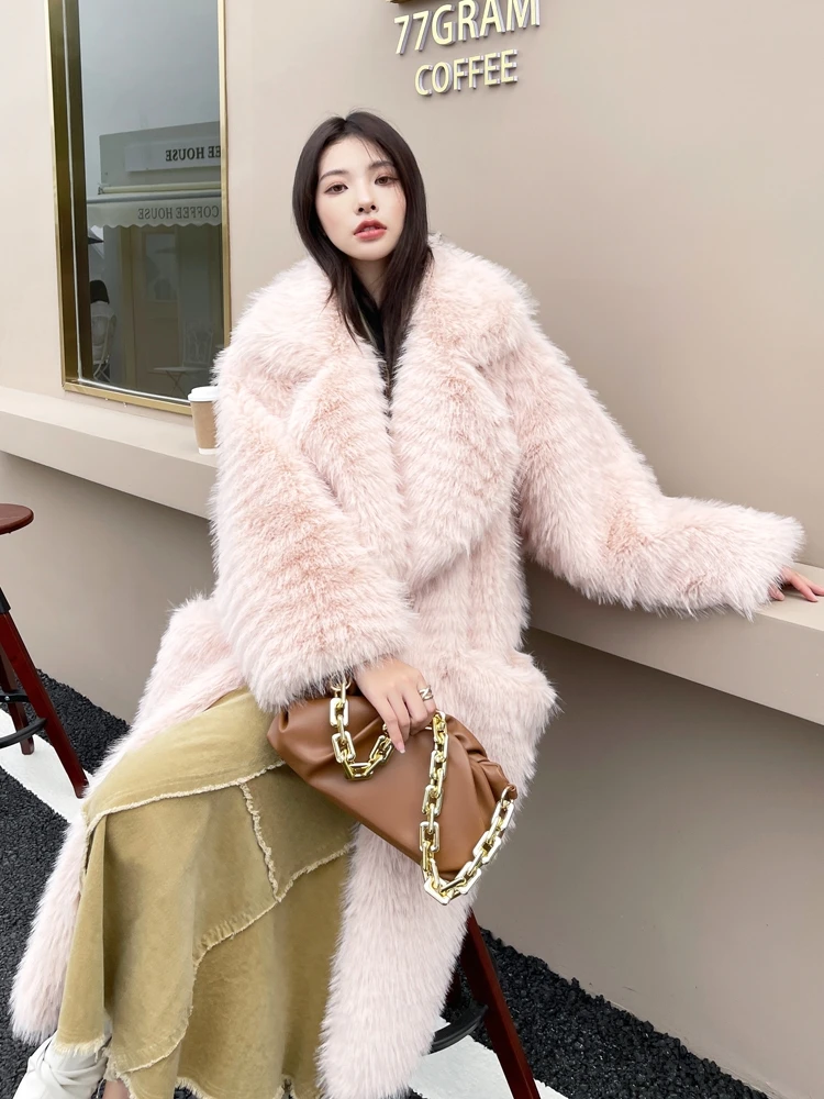 Female Fashion Faux Fur Coat Long Baggy Pink Large Pocket Lapel Jacket Women\'s Winter Coats Factory Direct Sales