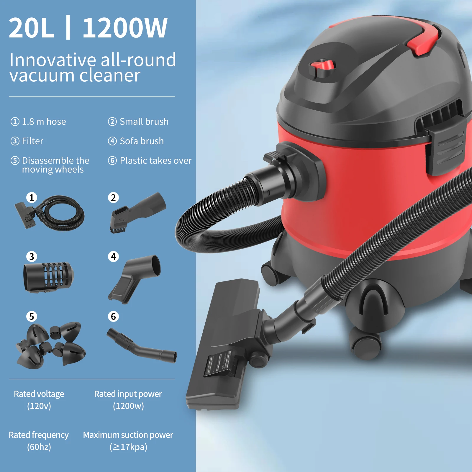 Przenośny odkurzacz do pracy na sucho i mokro 5 galonów - funkcja dmuchawy 2 w 1 do garażu, samochodu, domu, sierści zwierząt, warsztatu