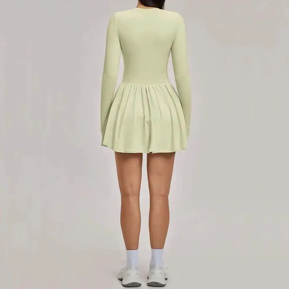 Women Yoga Jumpsuit Half Zipper Long Sleeved Tennis Skirt Gym Fitness Exercise Outdoor Sportswear One-piece Slim Fit Sports Set