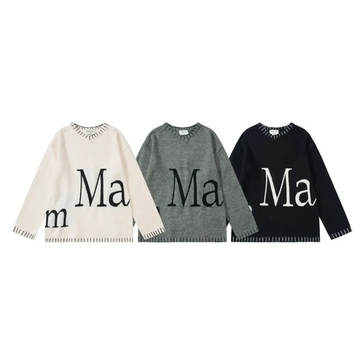 Matin Kim Women Fashion Pullover Top V-Neck Knit Sweater Trendy Letter Jacquard Stitch