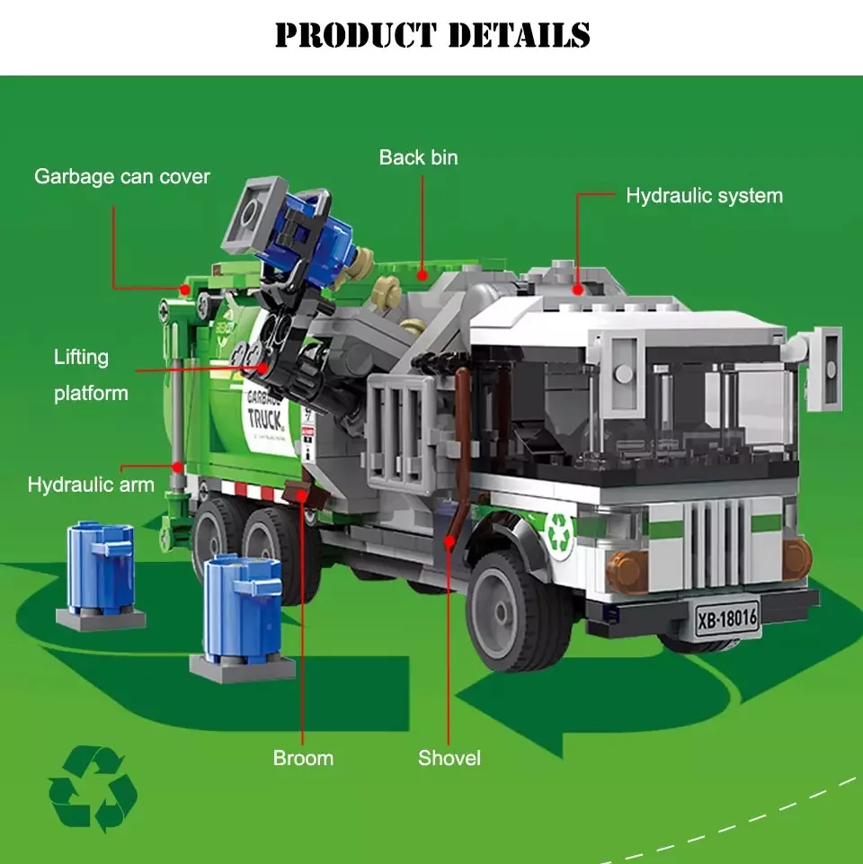 City Technical Sanitation Garbage Truck Car Vehicle Building Blocks MOC Cleaning Car Model Assemble Bricks Toy For Kids