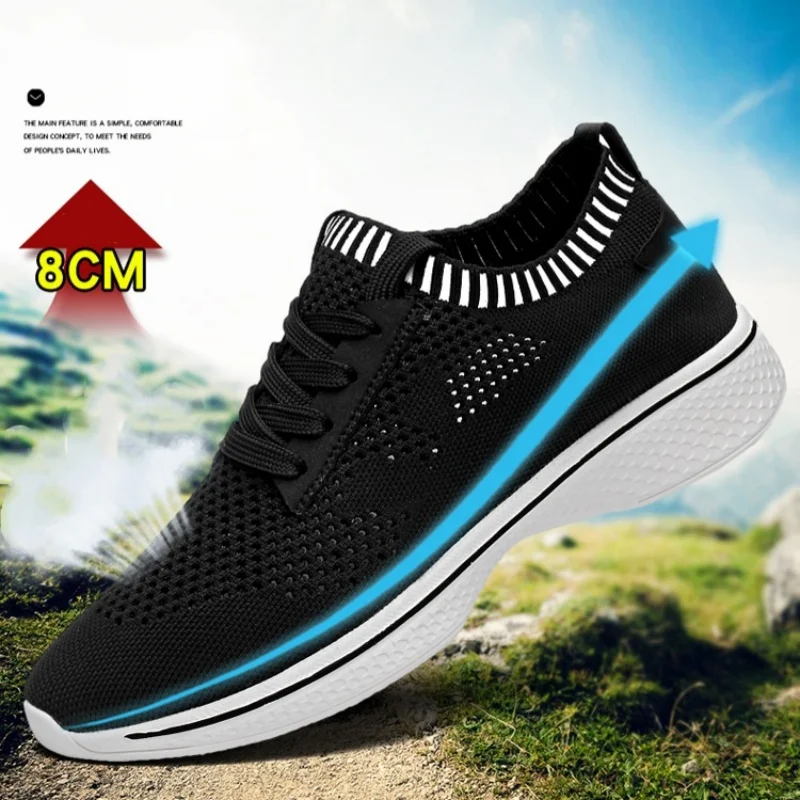 Men Invisible Height Increasing Shoes 8cm Breathable Fly Woven Mesh Sneakers Lightweight Elevator Casual Walking Shoes