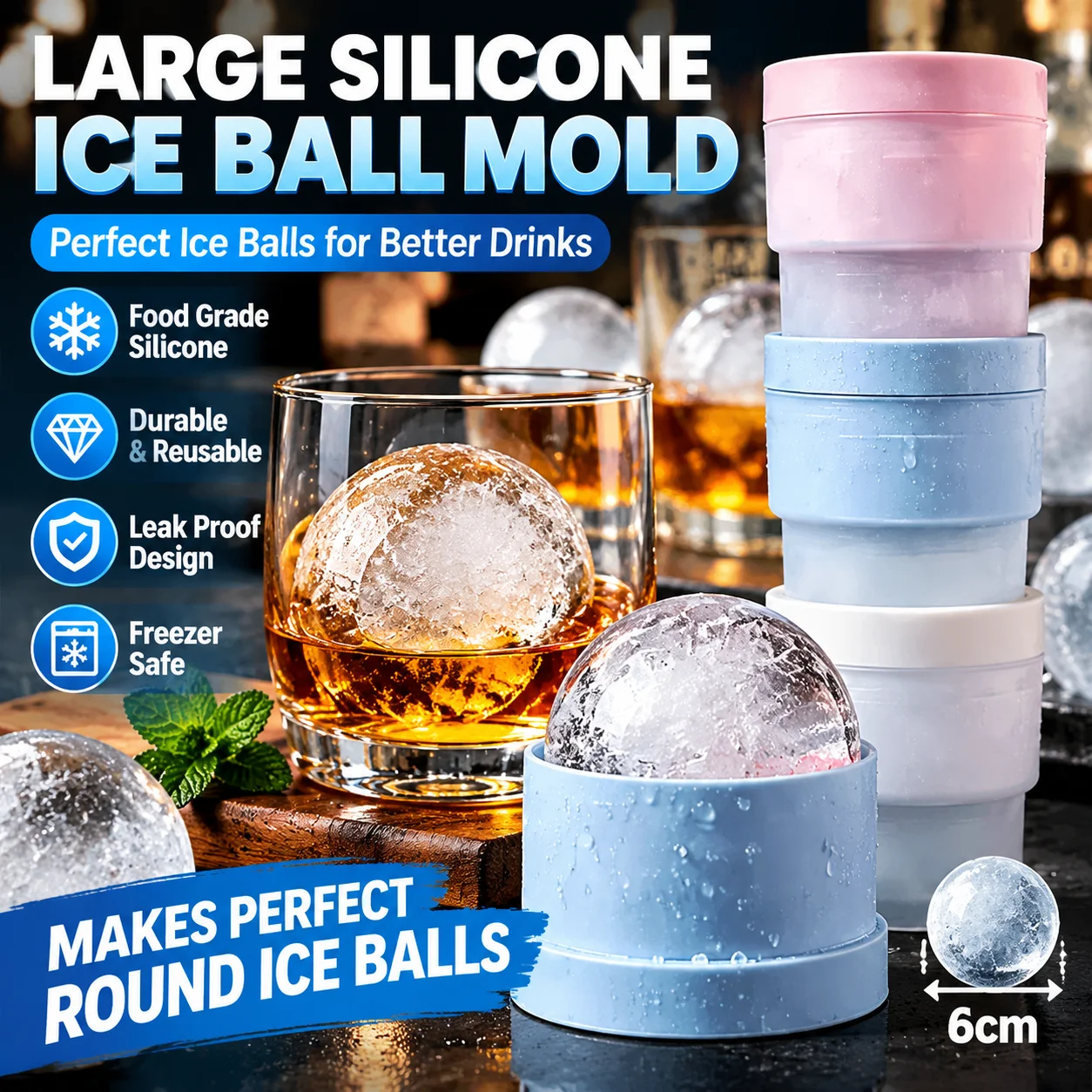 Large Silicone Ice Ball Mold for Whiskey Cocktails Durable Round Ice Cube Tray Home Bar Accessories Freezer Safe Set