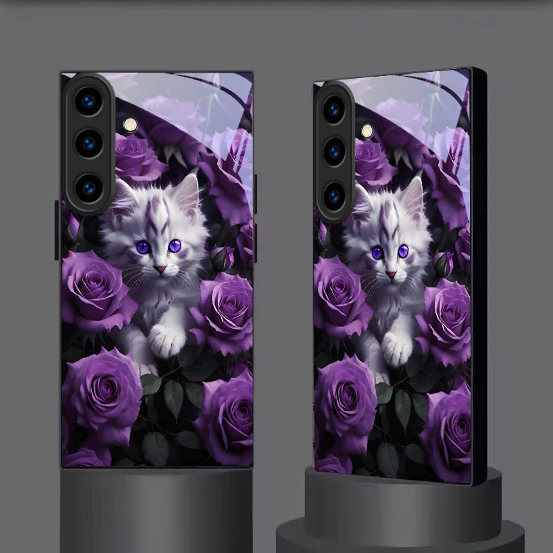 Kitten Purple Roses Black Glass Phone Case For Samsung Galaxy S26 Ultra S25 Edge S24 FE S23 Plus S22 S21 S20 S22 S25 Back Cover