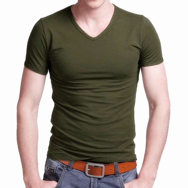 2024 Stretch V Collar Mens T Shirt Solid Color Short Sleeved Men T-Shirt For Male Tights Slim Man Tshirt Brand New Tops Tees