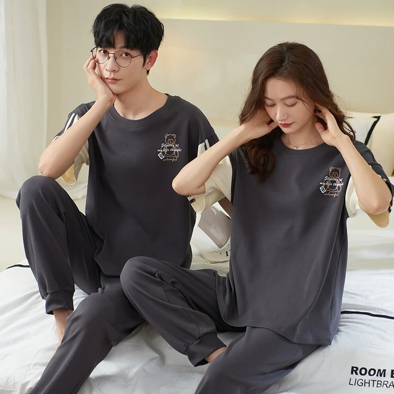 2024 New Summer Couple Cotton Short Sleeve Long Pants Pajama Sets for Women Korean Cute Sleepwear Suit Men Homewear Home Clothes