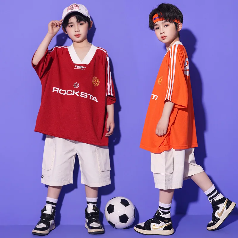 Costume de danse de rue Hip Hop pour garçons et filles, t-shirts de sport à manches courtes, shorts beiges, vêtements de danse jazz pour adolescents, 6 ans, 8 ans, 10 ans, été