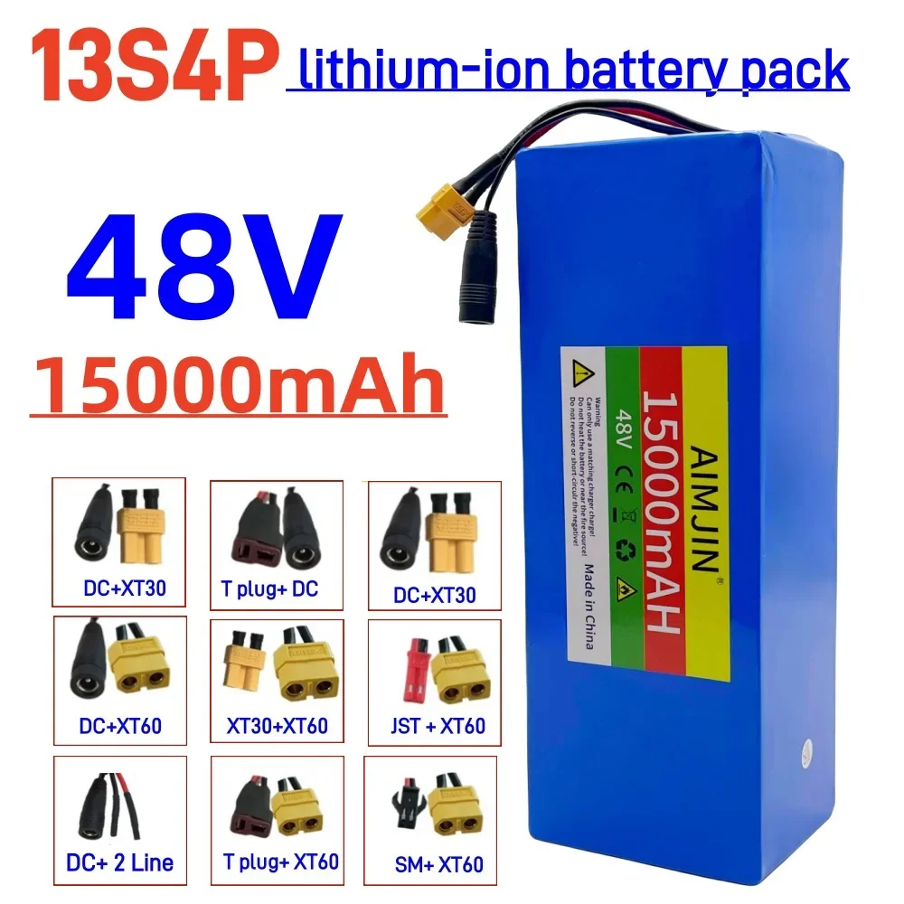 18650 13S4P 48V 15000mAh Lithium ion Rechargeable Battery Pack with Built in BMS Electric Scooter Bicycle Replacement Battery