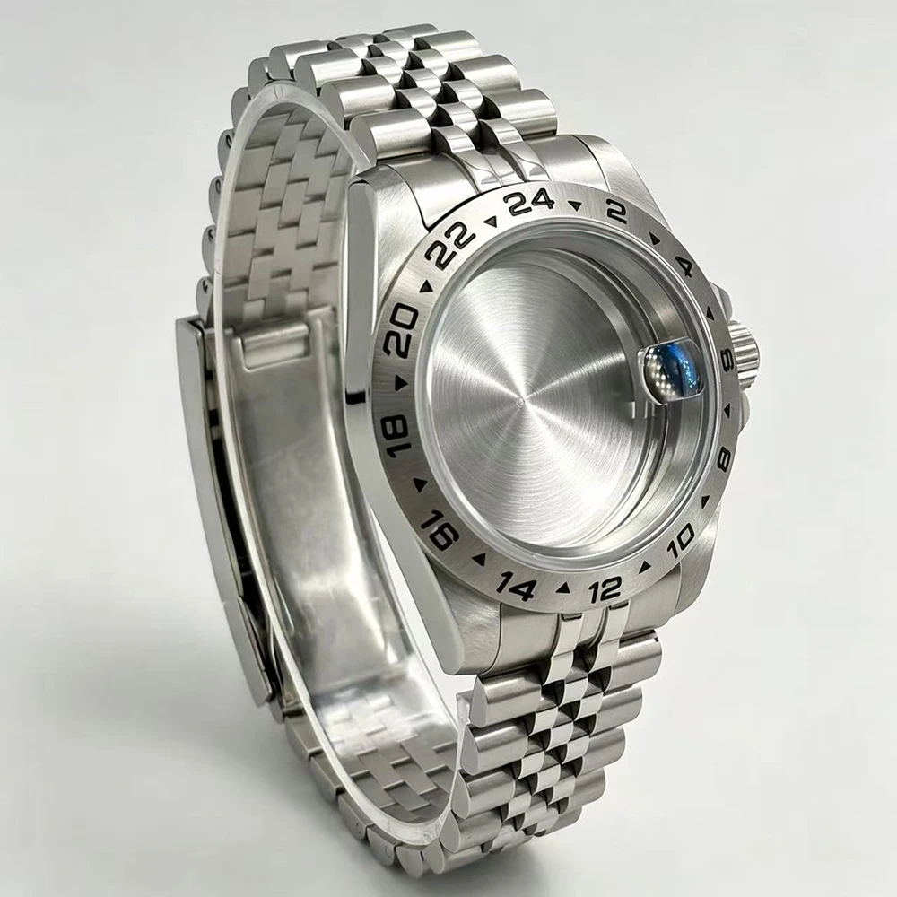Sapphire Glass 39.5mm GMT Watch Case 24-Hour Case Frame Stainless Steel Strap Compatible with NH34/NH35 NH36/NH38 Movement