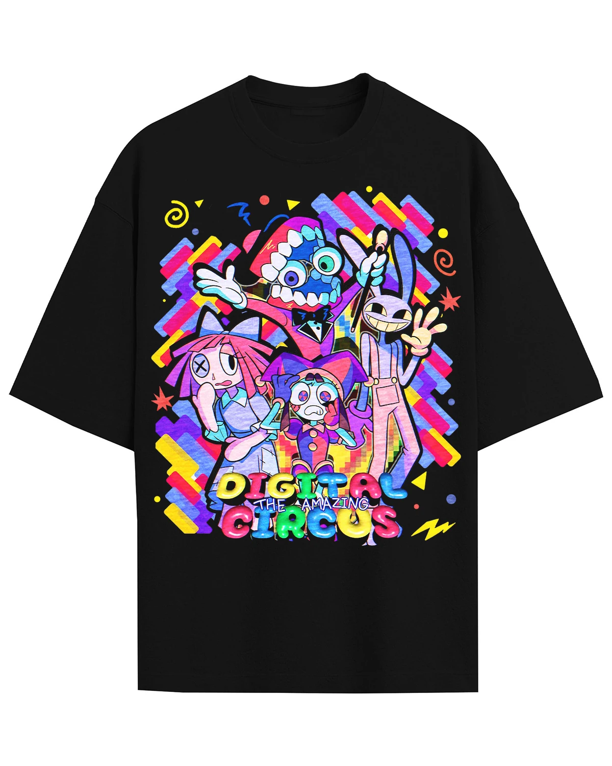 Das fantastische T-Shirt mit dem Motiv von Pomni aus „The Amazing Digital Circus“, ein farbenfroher Print mit dem Pomni-Charakter, ein Cartoon-Design für Fans, Damen, Herren und Kinder, kurzärmeliges T-Shirt. – Detail 5